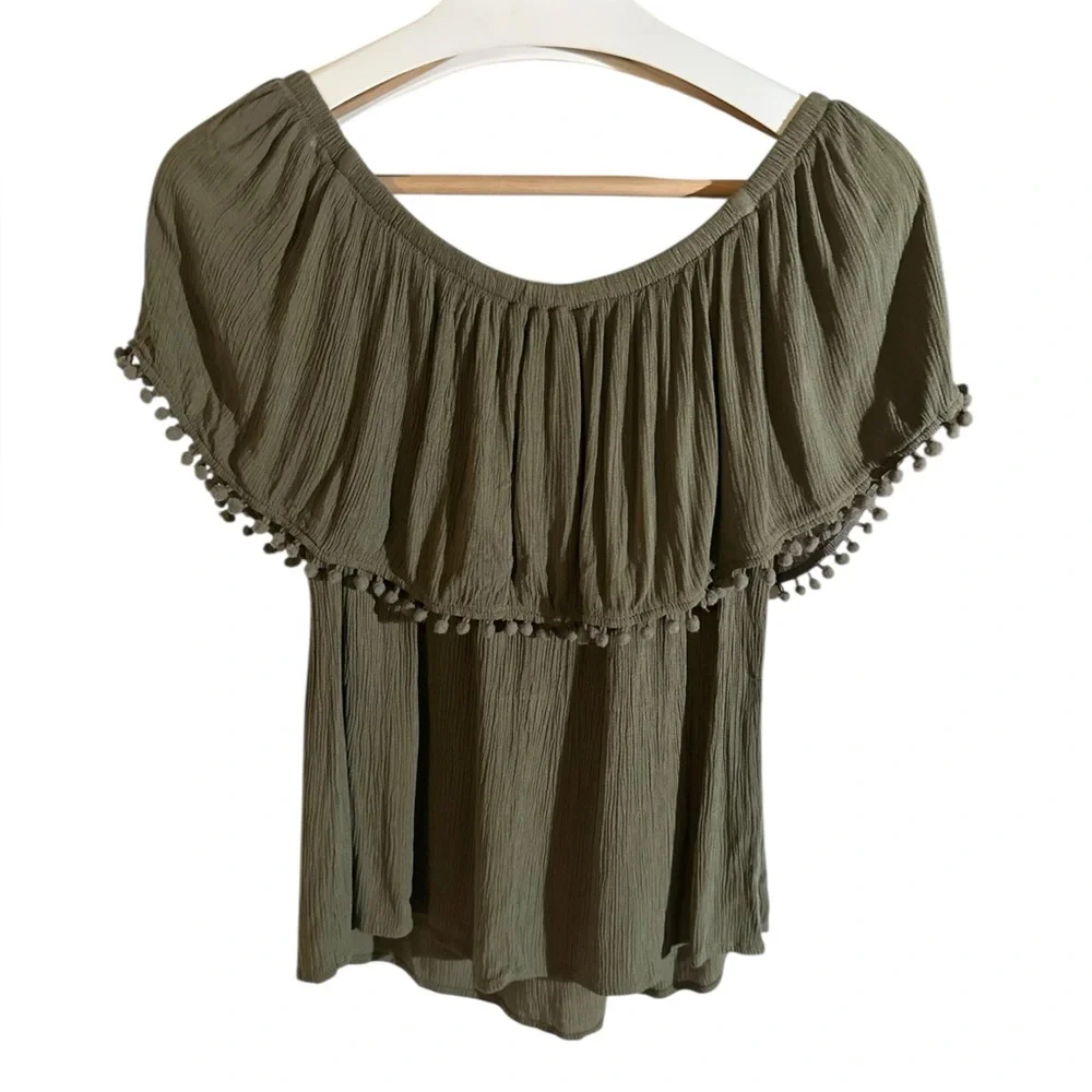 Blue Rain | Embroidered Olive Green Women's Shorts Sleeve Rayon Peplum Top - Picture 13 of 15
